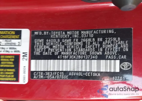 2011 Toyota Camry Se из США, поврежденный, VIN 4T1BF3EK2BU137340